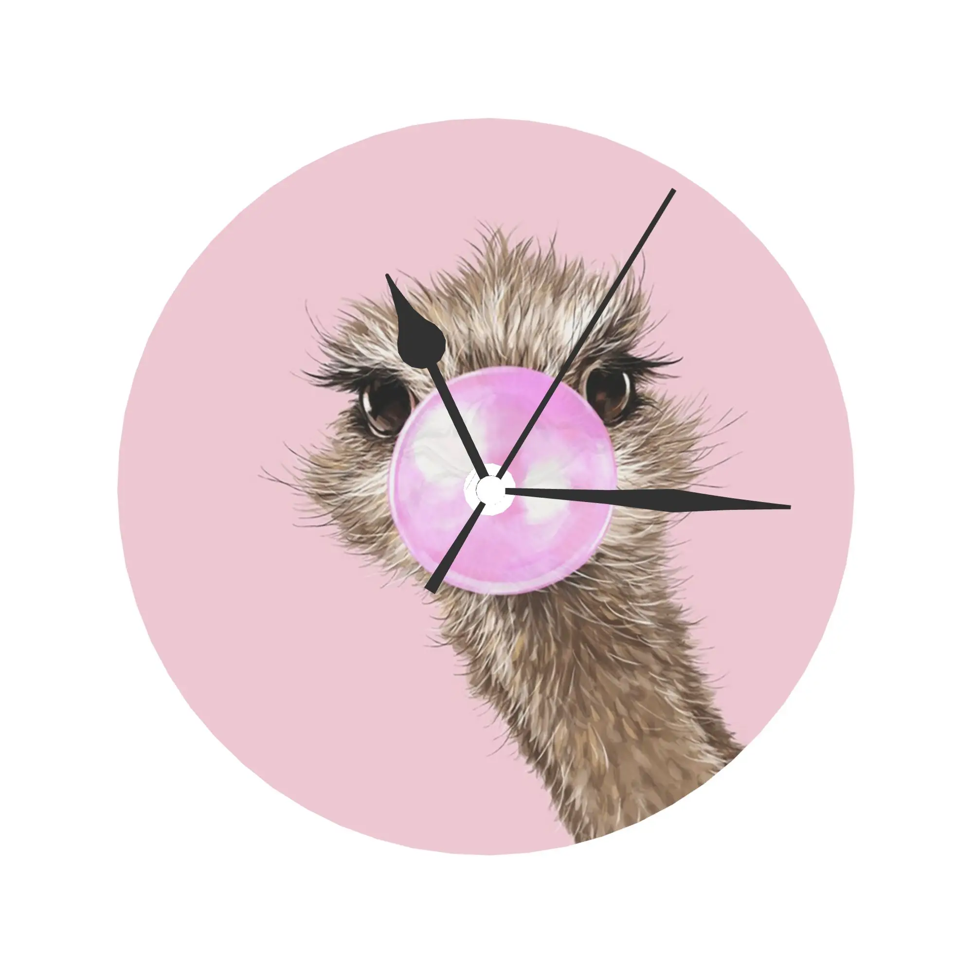 Sneaky Ostrich with Bubble Gum in Pink Wall Clock Room Decoration Silent Round Clock for Bedroom Living Kitchen Home