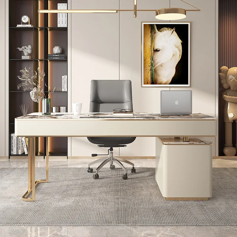 Italian Modern Style Computer Desk, Minimalist Rock Board Writing Desk With Rotating Lifting, Adjustable Height Office Desk