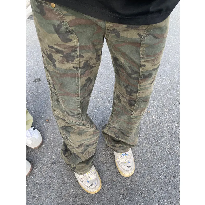 Plones de Trabajo de Camuflaje Retro Americanos para Hombre, Plones Hoados de Pierna Recta, Plones Largos Casua...