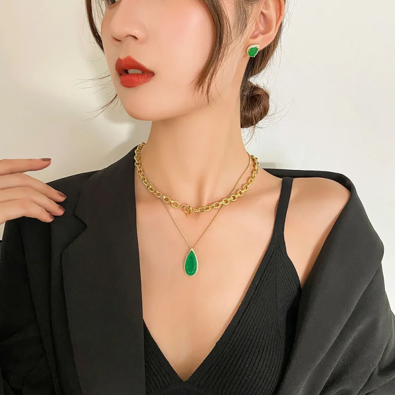 Jewelry hot sale: Ins-style European and American fashion, minimalist layered chain emerald set view 2