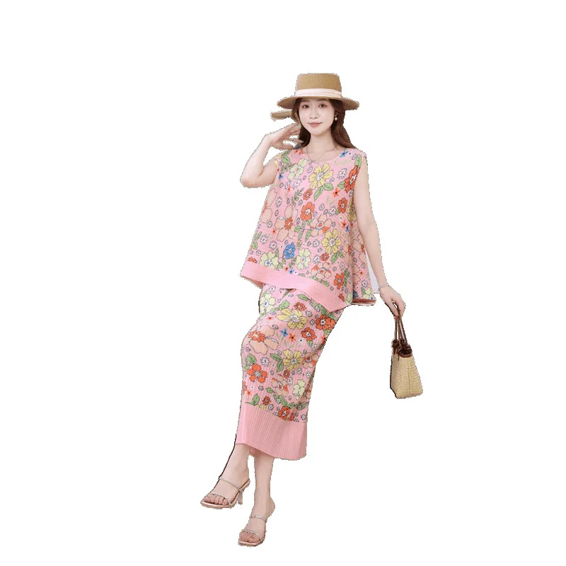 พิมพ์ลายดอกไม้หวานผู้หญิงหลวม Svel เสื้อกั๊กด้านบนเอวกระชับสัดส่วนชุดกระโปรงวัสดุโพลีเอสเตอร์ Midi ความยาวเอว