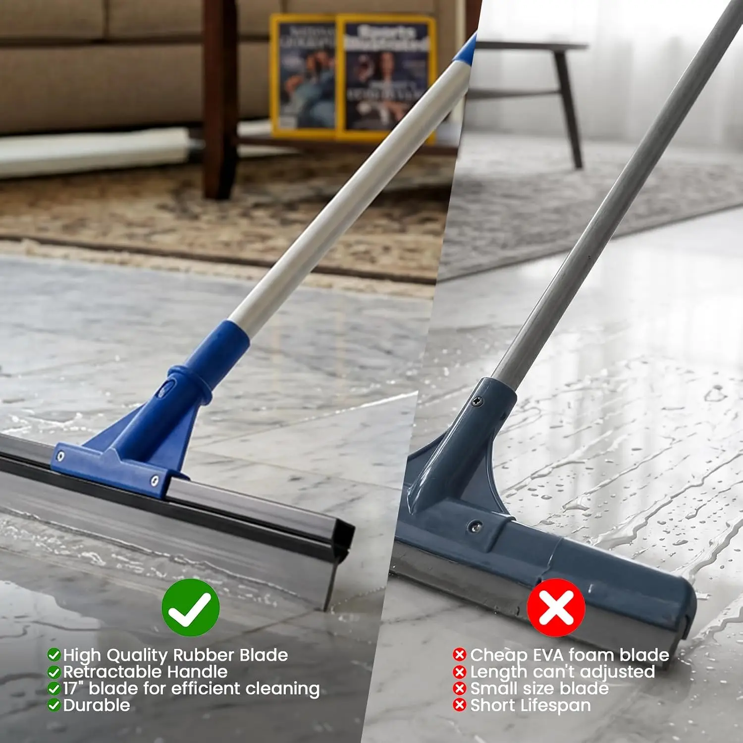 17.5" Heavy Duty Floor Squeegee for Concrete, Tile & Glass, with Adjustable Long Handle, Streak-Free Cleaning Tool