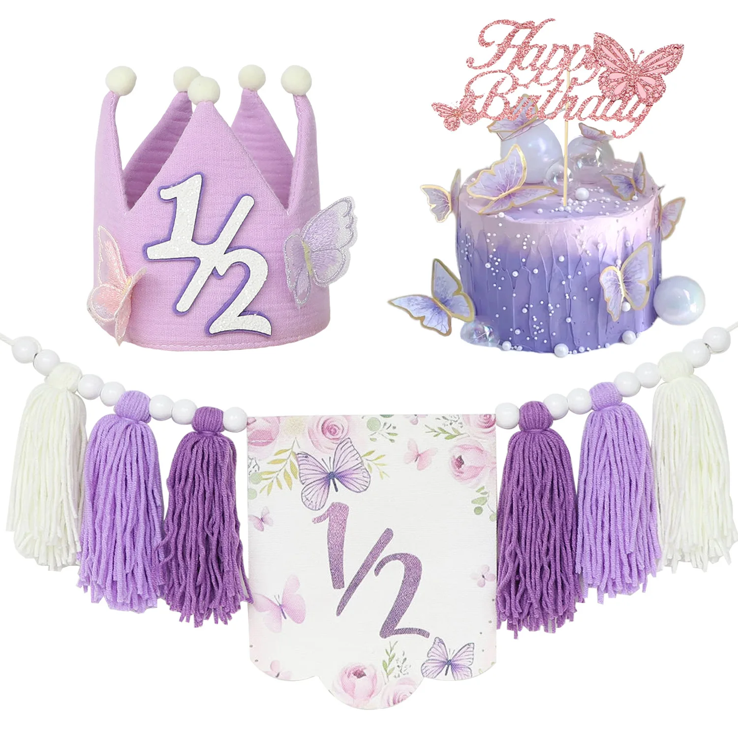 

Butterfly Flower Half Birthday Decorations 6 Month 1/2 Birthday High Chair Banner for Girls Birthday Purple Party Decoration