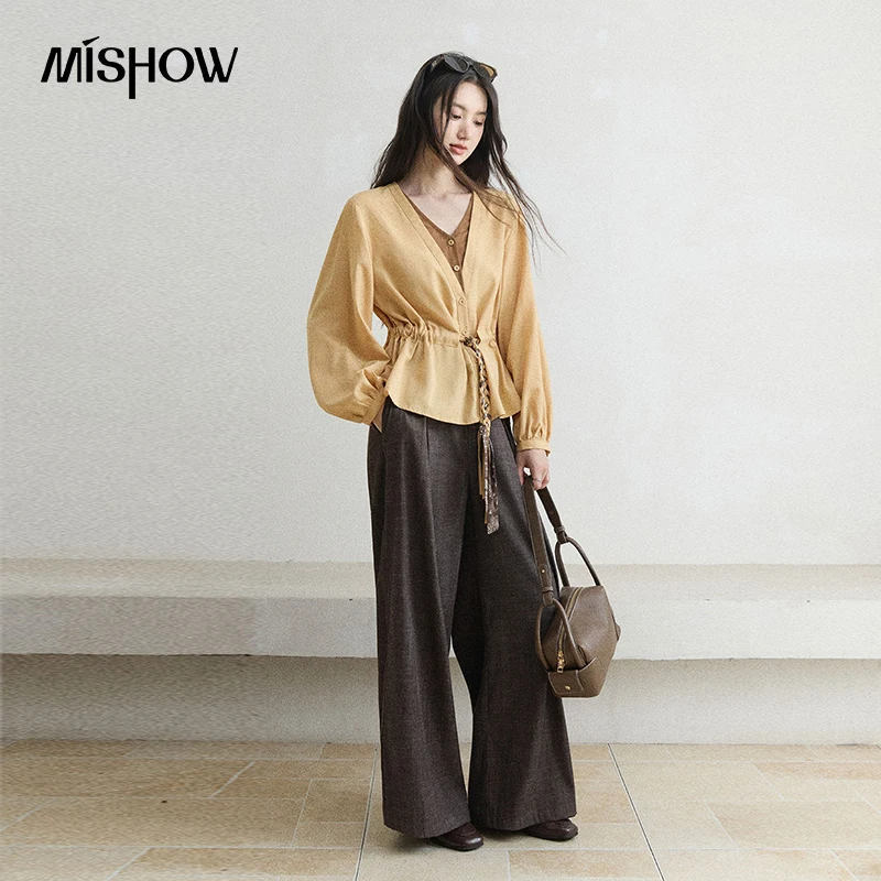 MISHOW Fake‑Two‑Piece Shirt 2026 Autumn 100%Lyocell V‑Neck Shirt Waist Drawstring Belted Elegant Versatile Casual Top MXF43C2548