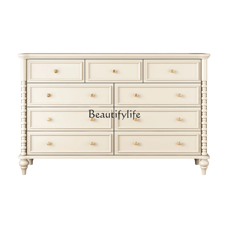 

American solid wood bedside locker, white bucket kitchen against the wall, French storage cabinet