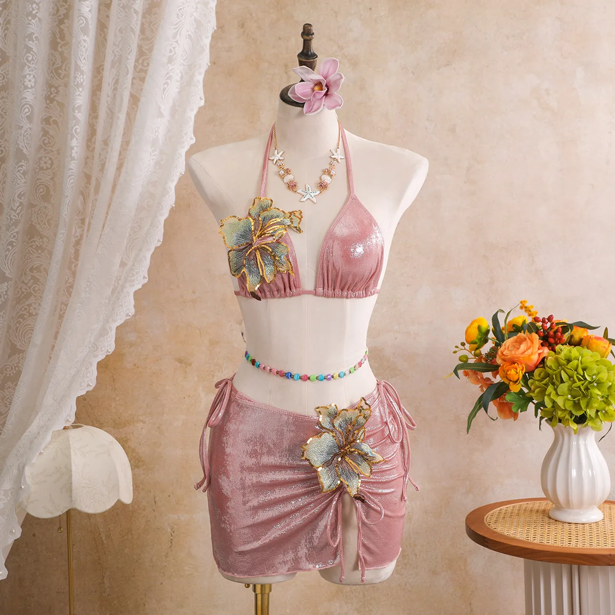 Women Glitter 3D Floral 3 Piece Bikini Set Halter Triangle Top Ruched Drawstring Skirt Cover Up Shiny Swimwear for Beach Pool