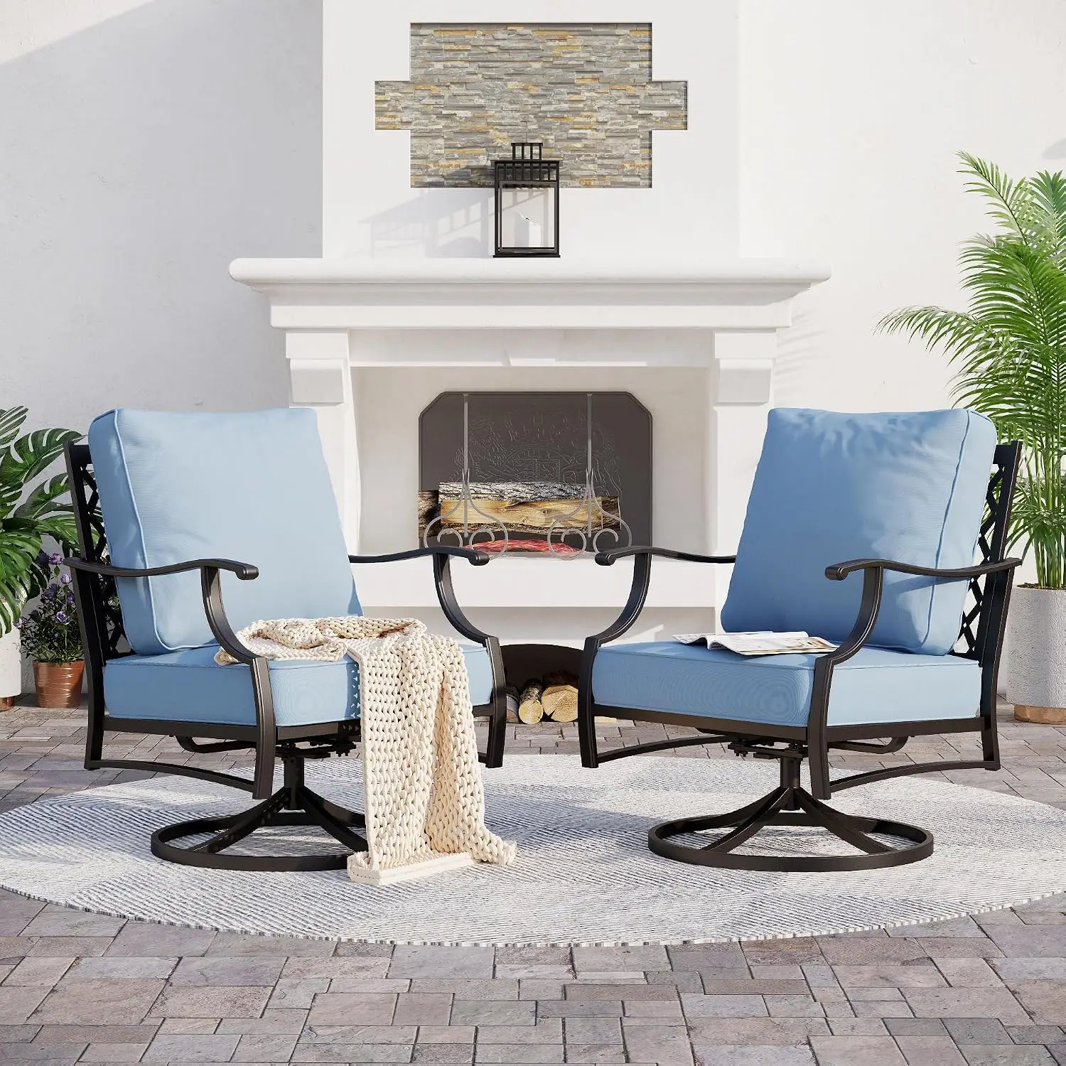 Swivel Patio Dining Chairs Set Of 2, Alloy Steel Frame, Blue, Outdoor Garden Furniture, Customized