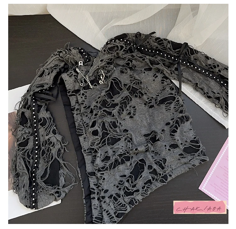 หมวกไหมพรมทรงยาวแบบพังก์ สไตล์วินเทจ ลายรูรั่ว สำหรับเด็ก ฤดูใบไม้ผลิและฤดูใบไม้ร่วง ปี 2025