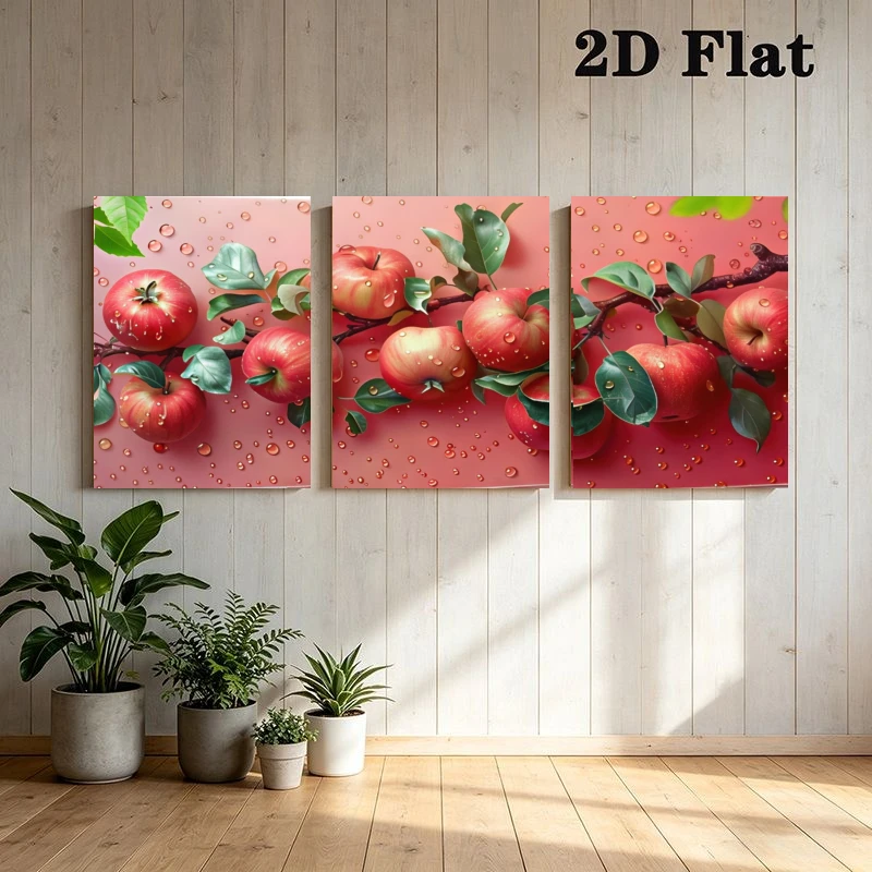 2D Flat, 2D Flat, 3pcs Luxury Modern Minimalist Boho | Realistic Vivid Red Apple with Dewdrops And Fresh Green Leaves | Premi