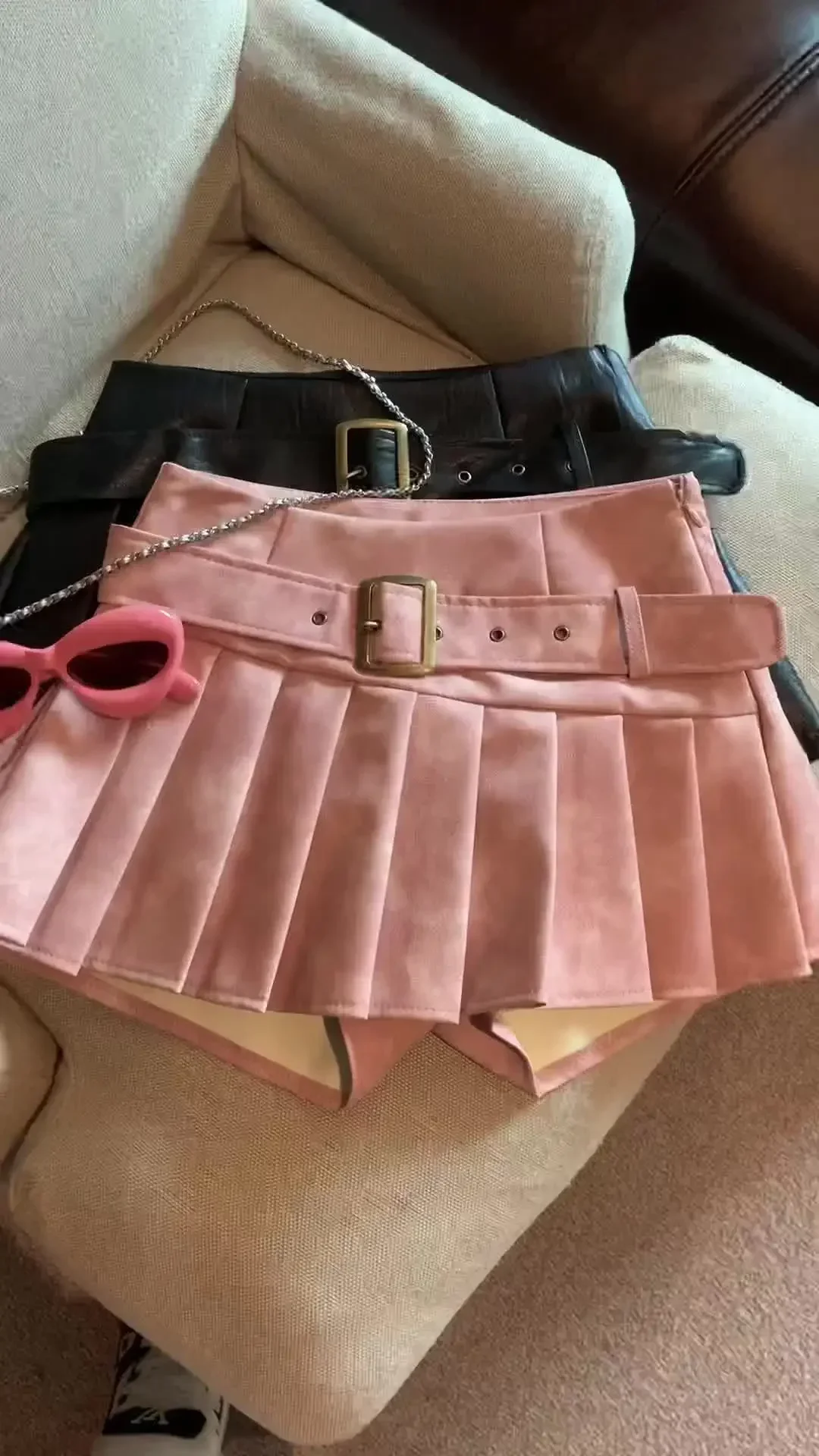 

2024 New Winter Women’s Sexy 90S PU Faux Leather Skirt Short Skinny High With Belt Short Mini Pleated Skirt With Shorts Y2K