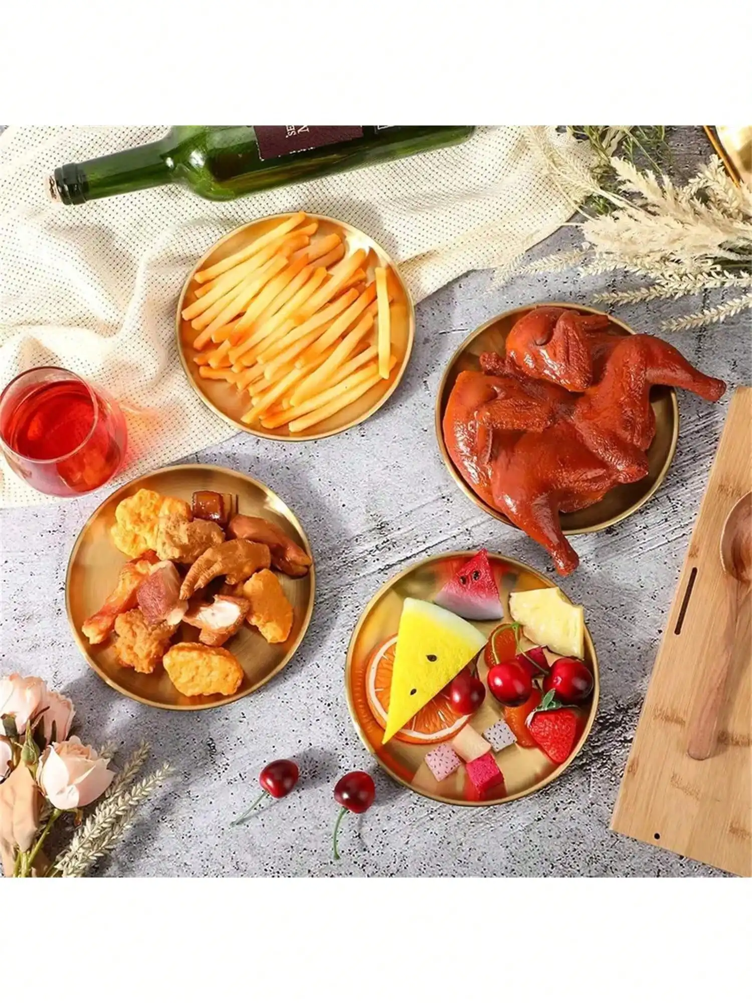 12/7/2pcs Gold Stainless Steel 6.6 Inch Dessert Plates, Salad Plates, Small Pizza Plates, Baking Plates, Pasta Plates, Meat Plates, Fruit Plates, Trays, Table Service Plates, Reusable And Easy To Clean, Perfect For Home, Party, Restaurant And Other