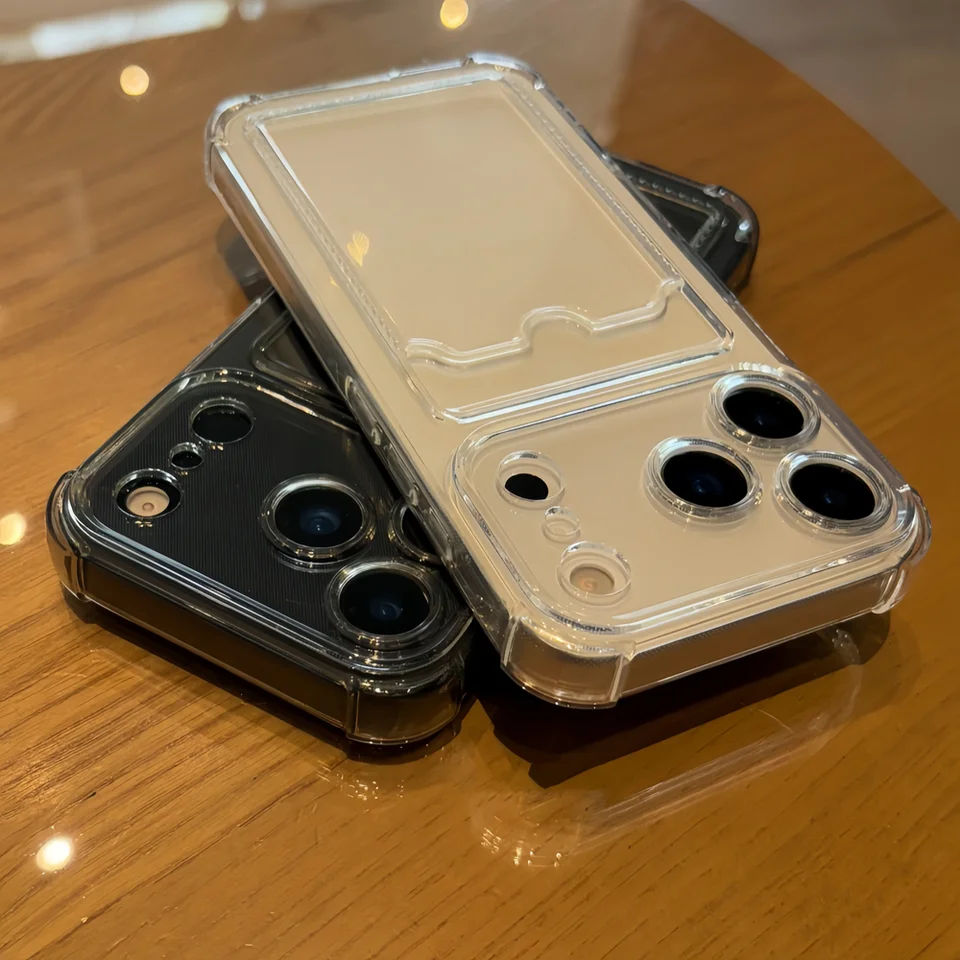 Funda transparente con ranura para tarjetas y bolsillo para iPhone 17 16 15 14 13 12 11 Pro Max XS XR 7 8 Plus, tipo billetera de silicona a prueba de golpes 3
