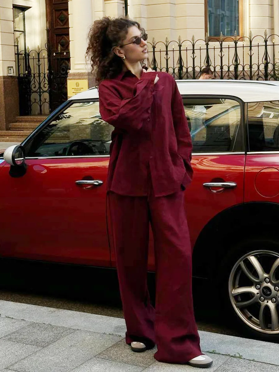 

Pure Cotton Loose Shirt Trousers Suit 2025 New Long-Sleeved Shirt + Long Pants Set For Women Spring Summer Women Two Peice Sets