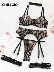 CHILLGIO Women Zebra Print Bra Brief Suits Fashion Vintage Push Up 4 Piece Lingerie Sexy Mesh Transparent Intimate Underwear Set