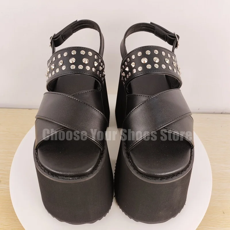 Rivets Design Black Open Toe Platform Sandals Buckle Strap Women Shoes Chunky High Heels Party Dating 2025 Zapatos Para Mujere