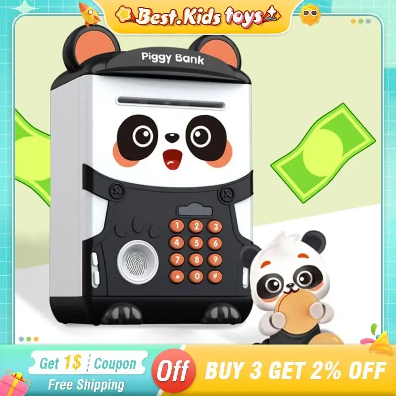 만화 팬더 저금통 비밀번호 지문인식 저금통 어린이 장난감 동전 저금통 시뮬레이션 ATM 3세 이상 남아 여아 선물
