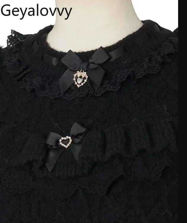 الحلو فتاة تنوعا طويلة الأكمام البلوز الخريف الشتاء جديد اليابانية ليز نمط خارج الكتف Bowknot أفخم محبوك القمم #1