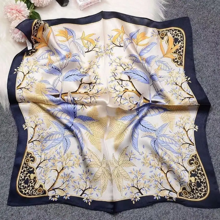 

Vintage Floral Leaf Square Scarf for Women, Satin Silk Feel, French Elegant Multi-Way Accessory