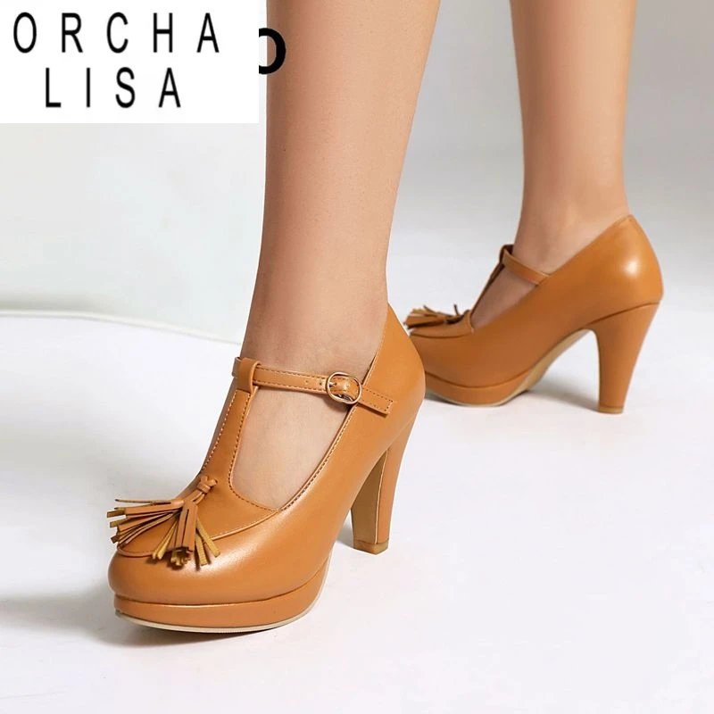 

ORCHA LISA Модные женские туфли-лодочки с круглым носком на массивном каблуке 9 см, платформа 1,5 см, пряжка с Т-образным ремешком и кисточками, большие размеры 46 47 48 Сексуальная обувь