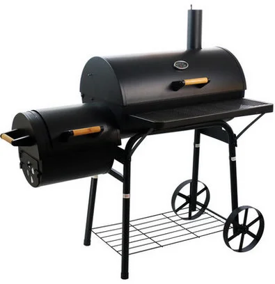 Barrel Shaped Offset Charcoal BBQ Grill Pellet Smoker Cast Iron Tubular Steel Wheels Powder Coated Wire Metal With Two 8 Inch