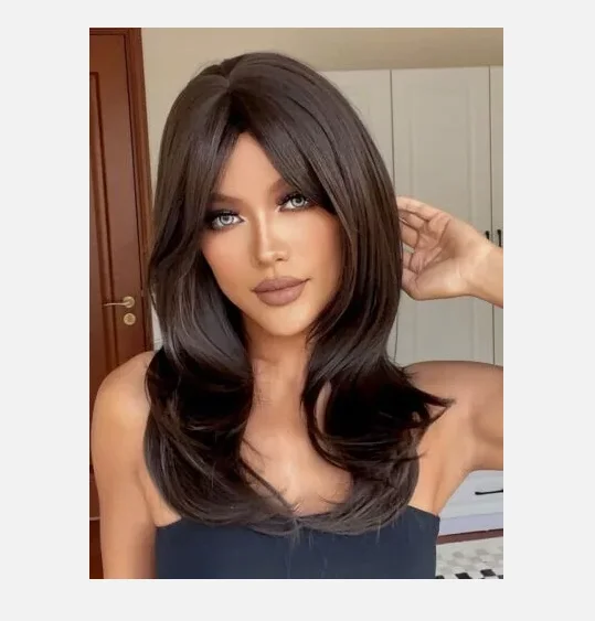 Peruca natural feminina de penteados retos marrom escuro 24 polegadas