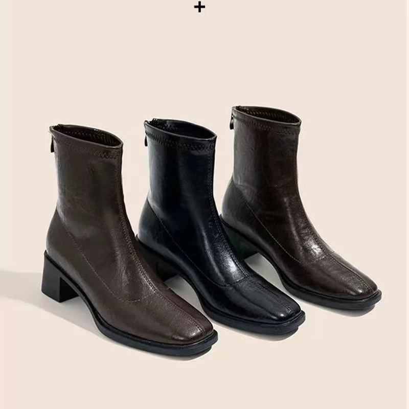 

Women Autumn Winter Cowhide Leather High Heel Short Boots Square Toe Chunky Heel High Quality Ladies Elegant Ankle Boots