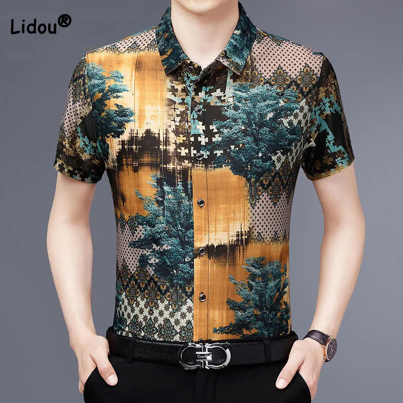 

Vintage Male Clothes Casual Single-breasted Printed Shirt Summer Quick Dry Breathable Fashionable Short Sleeve Polo-Neck Shirt