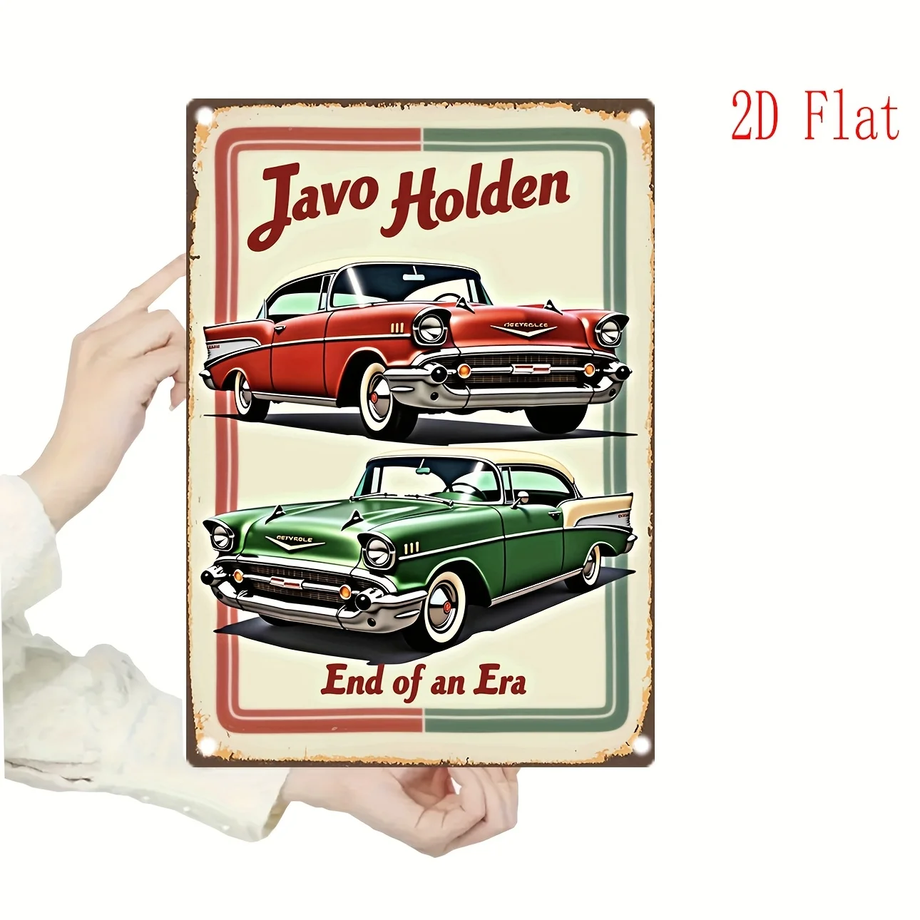 Rotes Eisen-Metall-Blechschild, Wandkunst – Retro-Javo-Auto-Design mit roten und grünen klassischen Autos, langlebiges Eisen-Metallschild für Männerhöhle,