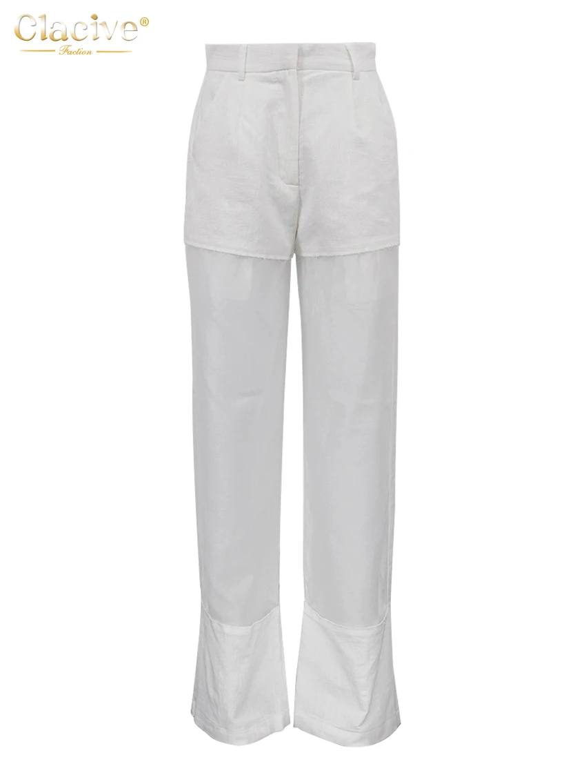 Clacive Fashion Loose White Cotton Women\'s Pants 2025 Elegant High Waist Wide Trousers Vintage Classic Patchwork Pants Female