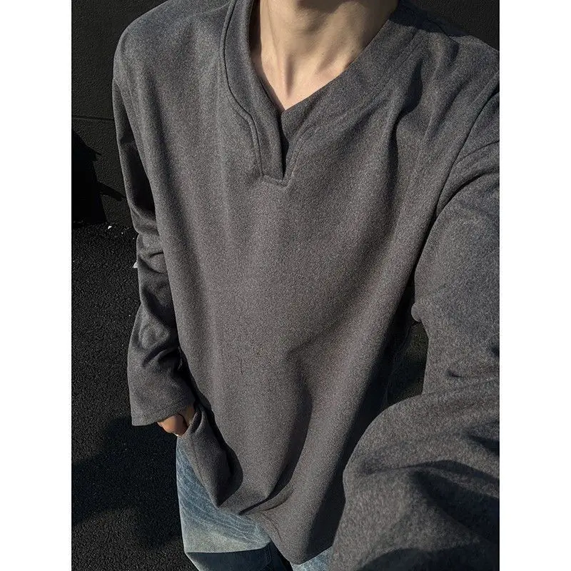 

High Street Long Sleeve Simplicity Tops Men's Spring Autumn Solid V Neck Fashion Hoodies Sweatshirts Casual Korean Men Clothing