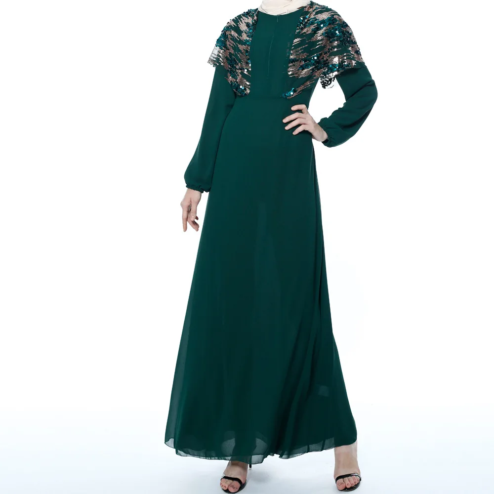 Fashion Sequin Women Dress Prayer Dress New Elegant Modern Maxi Dress High Quality Zip-up Chiffon Dress Abaya Muslim Clothing