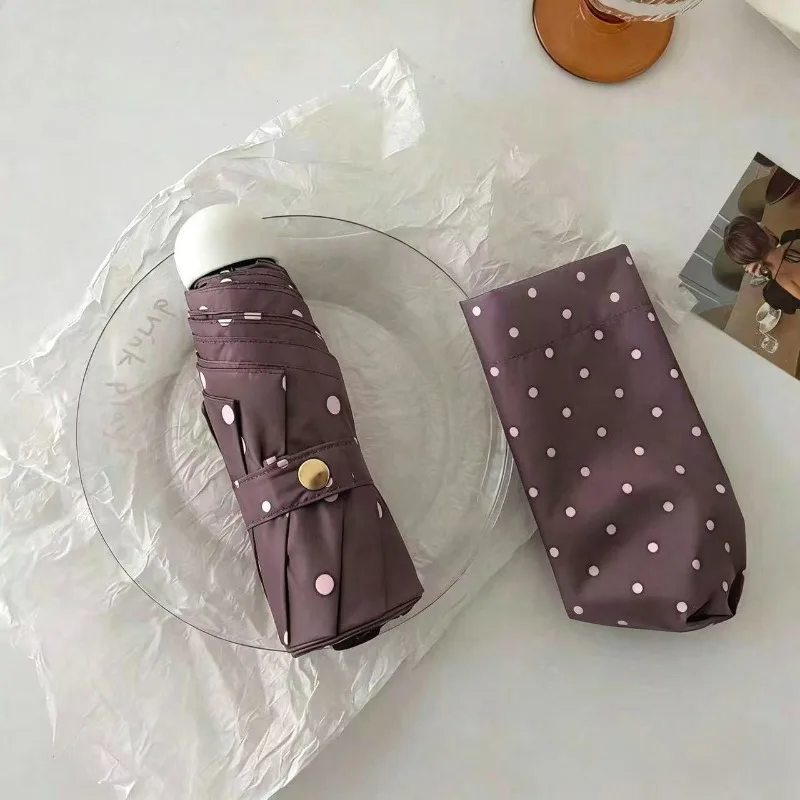 1PC Polka Dot Portable Folding Umbrella Cute Dual Use Rain and Sun Black Coated UV Protection Parasol Daily Necessities