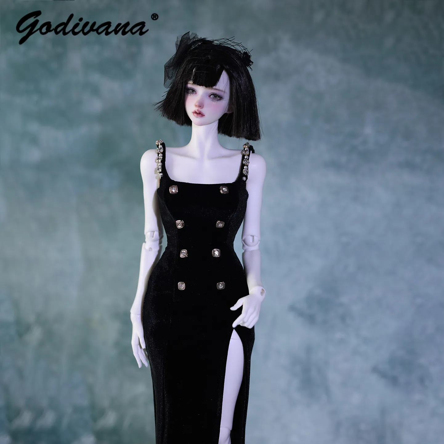 Fit for 1/3 Large Female Impl63 Body Vintage French Handmade Square Diamond Pearl Velvet High Slit Maxi Suspender Skirt