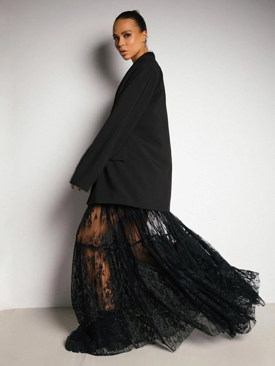 Blubelle Summer New Black Lace Chic Long Skirt Sexy Perspective Niche Temperament Half Skirt Fashionable Women's Loose Skirt