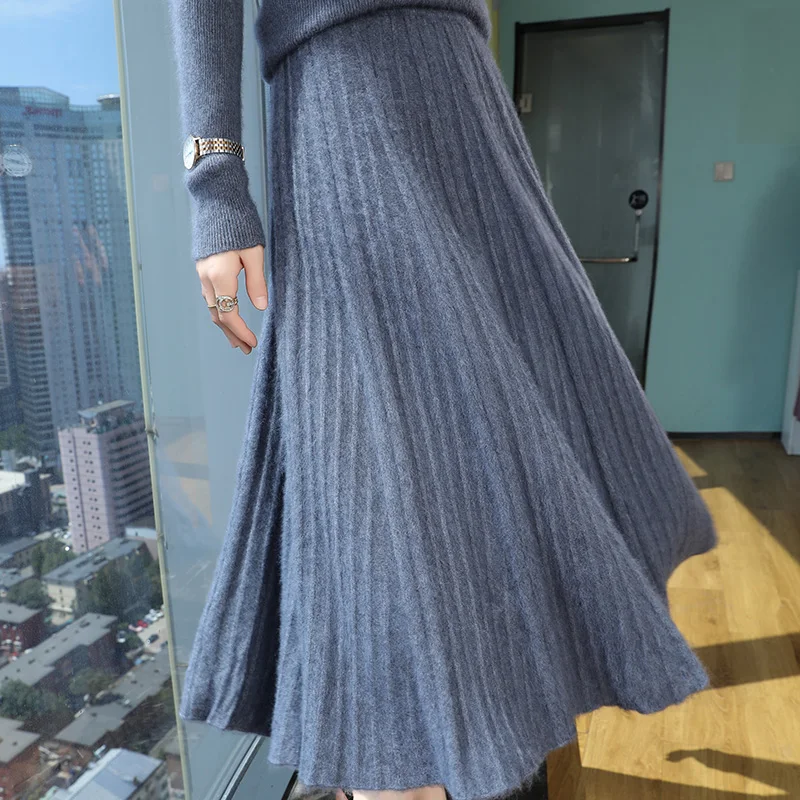 100%Pure Mink Cashmere Skirt New Women's Autumn and Winter Mid-Length High-Waist Big Swing Skirts Thick Knit All-Match Hip Skirt
