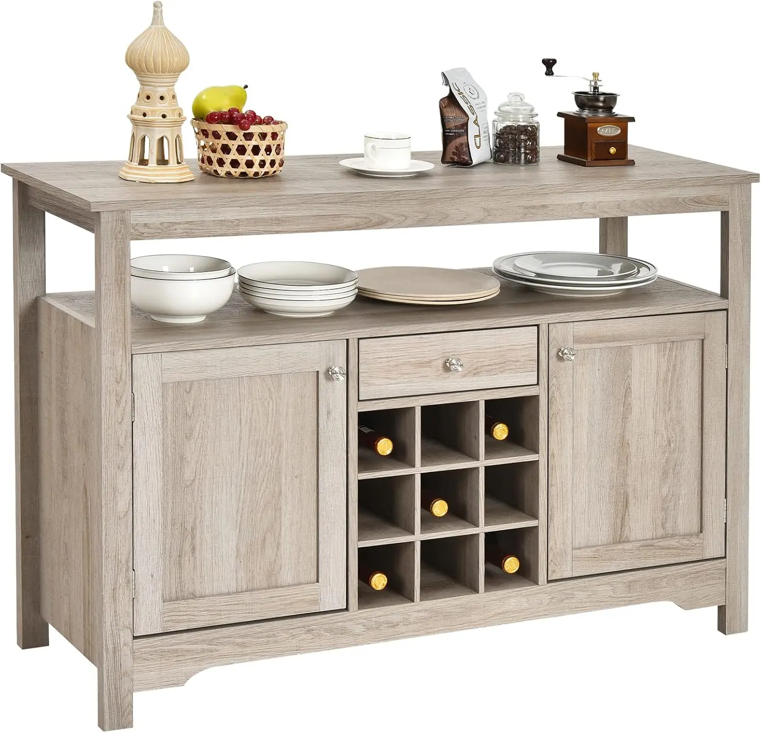 

Buffet Cabinet Storage Sideboard, Server Console Table, Kitchen Cupboard Table with 2 Cabinets, Wine Rack & Open Shelf,