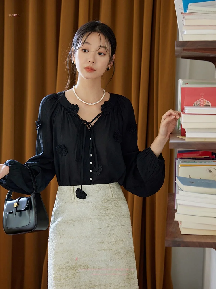 

Moriirose Pearl Button Floral irt Women's Bla V-ne Spring Vintage Straight Cut Long Sve Comfortable Breathable Top