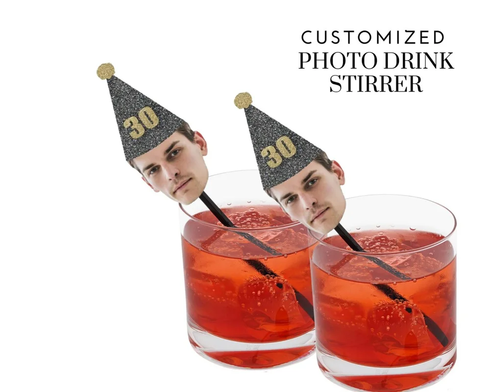 Face Drink Stirrers with Sparkly Hat, Swizzle Sticks, 30th, 40th, 50th, Cocktail Stick, Party Decoration, Swizzle sticks, Milest