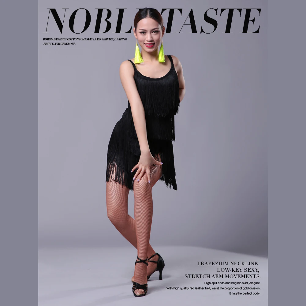 الفتيات النساء الحديثة قاعة الرقص اللاتينية فستان رقص شرابة هامش السالسا التانغو ملابس رقص مثير أحمر أسود أداء المرحلة ارتداء