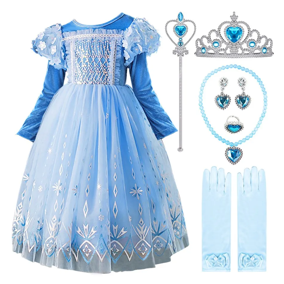 Autumn Winter New Ice and Snow Romance Princess Dress Long sleeved Blue Elsa Princess Dress Halloween Children's Cosplay Dress