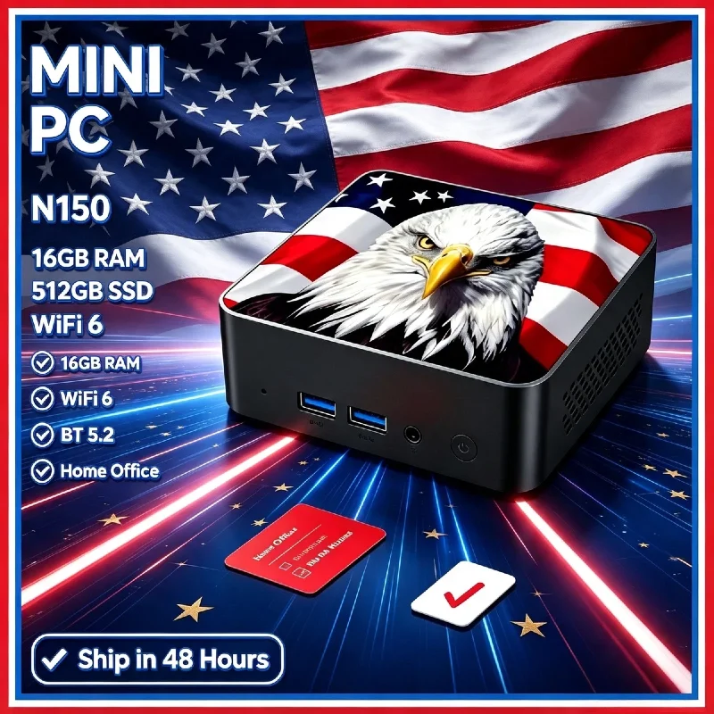 2026 New USA Flag Ultra Mini PC Intel N150 Windows 11 Pro 16GB RAM 1TB/2TB SSD WiFi6 BT5.2 Daily Use Office & Gamer Computer
