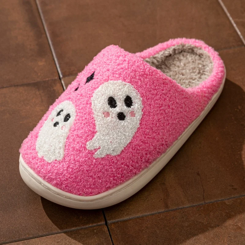 Halloween Slippers Women's Winter Pink Cute Ghost Indoor Cartoon Comfort Home Bedroom Soft Causal Flat Plush Shoes for Gift