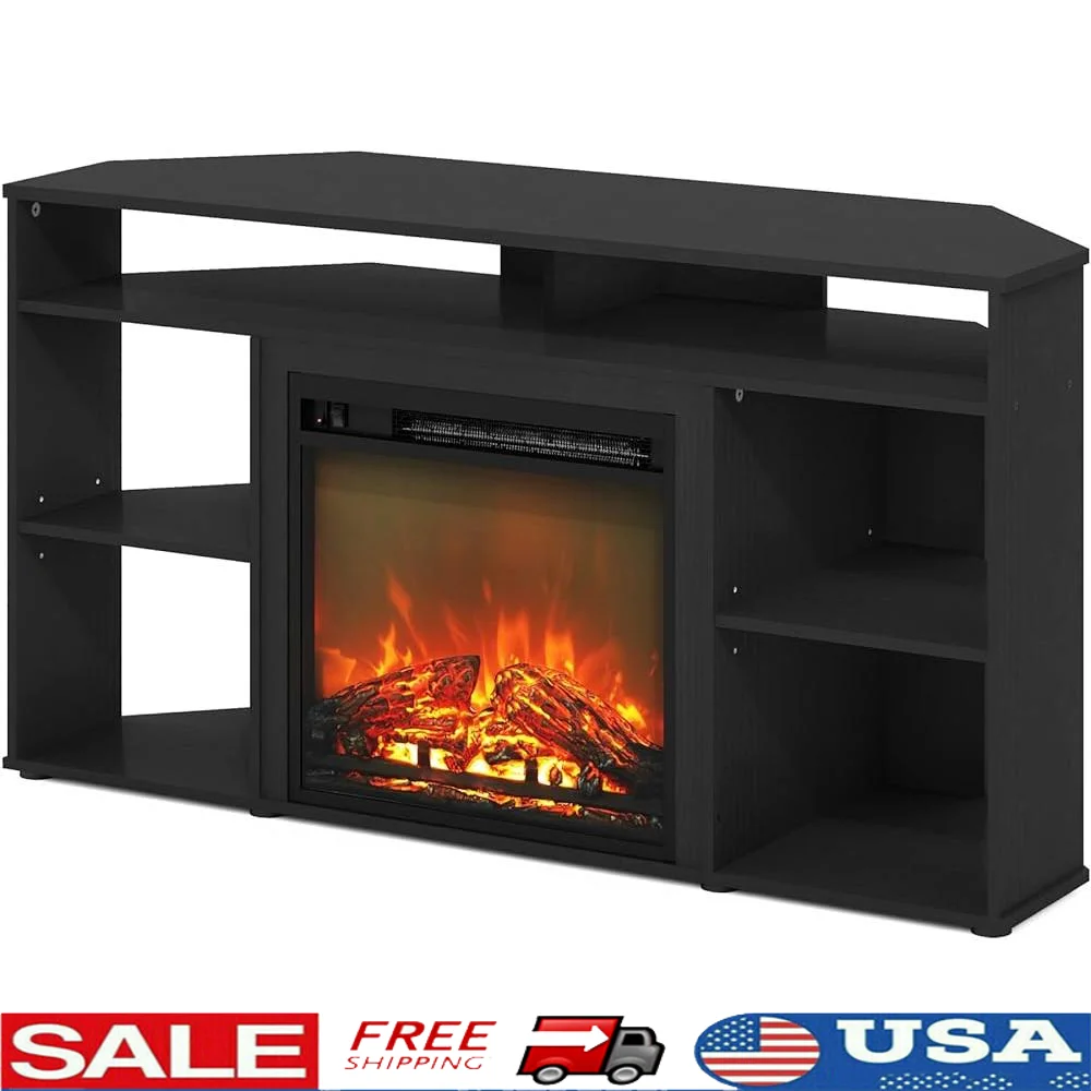 Soporte de TV esquinero con chimenea eléctrica, TV de hasta 55 pulgadas, diseño moderno y sencillo, fácil montaje, construcción de madera duradera