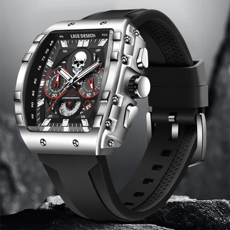 LIGE Fashion Sport Skull Orologi da uomo Top Brand di lusso Cronografo al quarzo Orologio da uomo Orologio da polso impermeabile da uomo Relógios Masculino