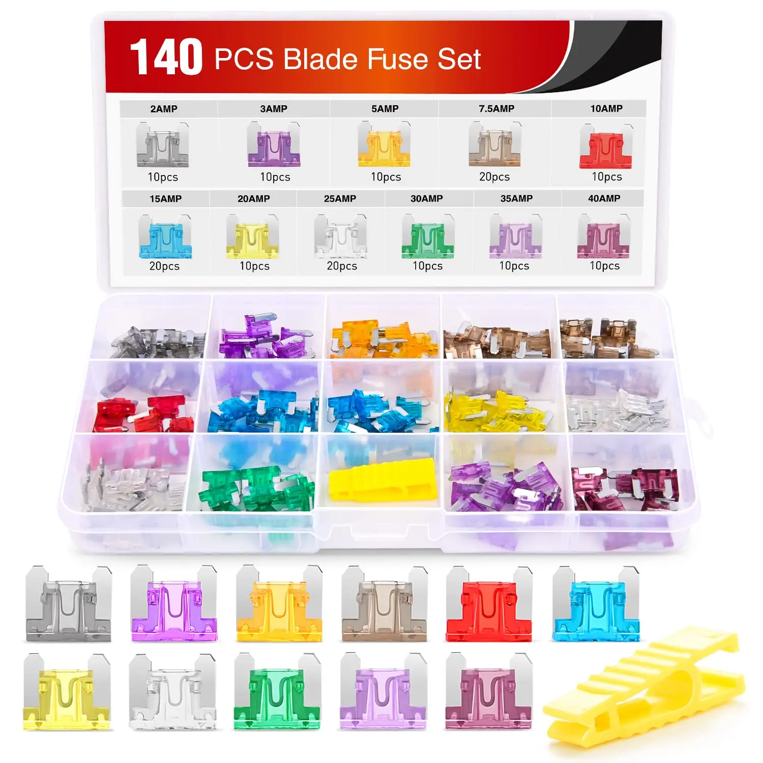 

140 Low Profile Mini Blade Fuse Assortment 2A 3A 5A 7.5A 10A 15A 20A 25A 30A 35A 40A Fuses for Car Boat Truck SUV Automotive