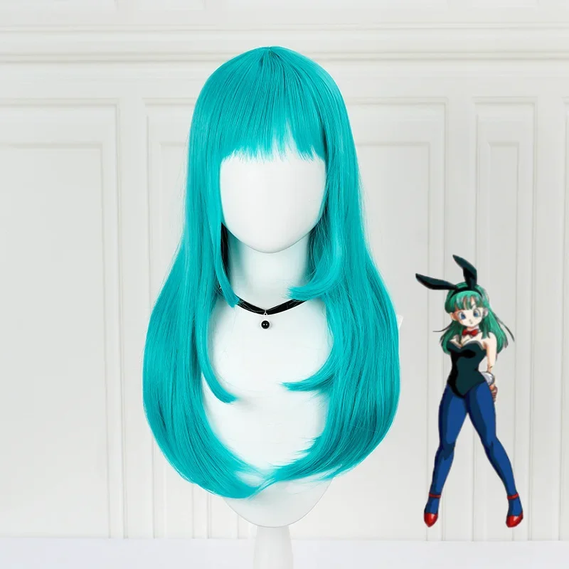 Peluca de Anime de 60cm para mujer, cabellera sintética lisa, media, resistente al calor, para fiesta, Cosplay, Bulma, verde azulado