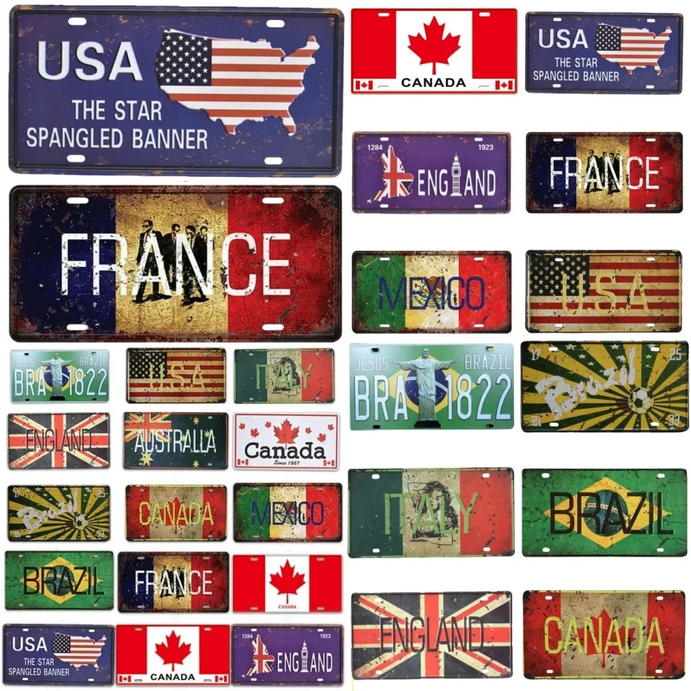 Vintage Canada Australia UK US National Flag license plate Metal tin Sign Licenses Plate Plaque for Garage Hotel Cafe Wall Decor