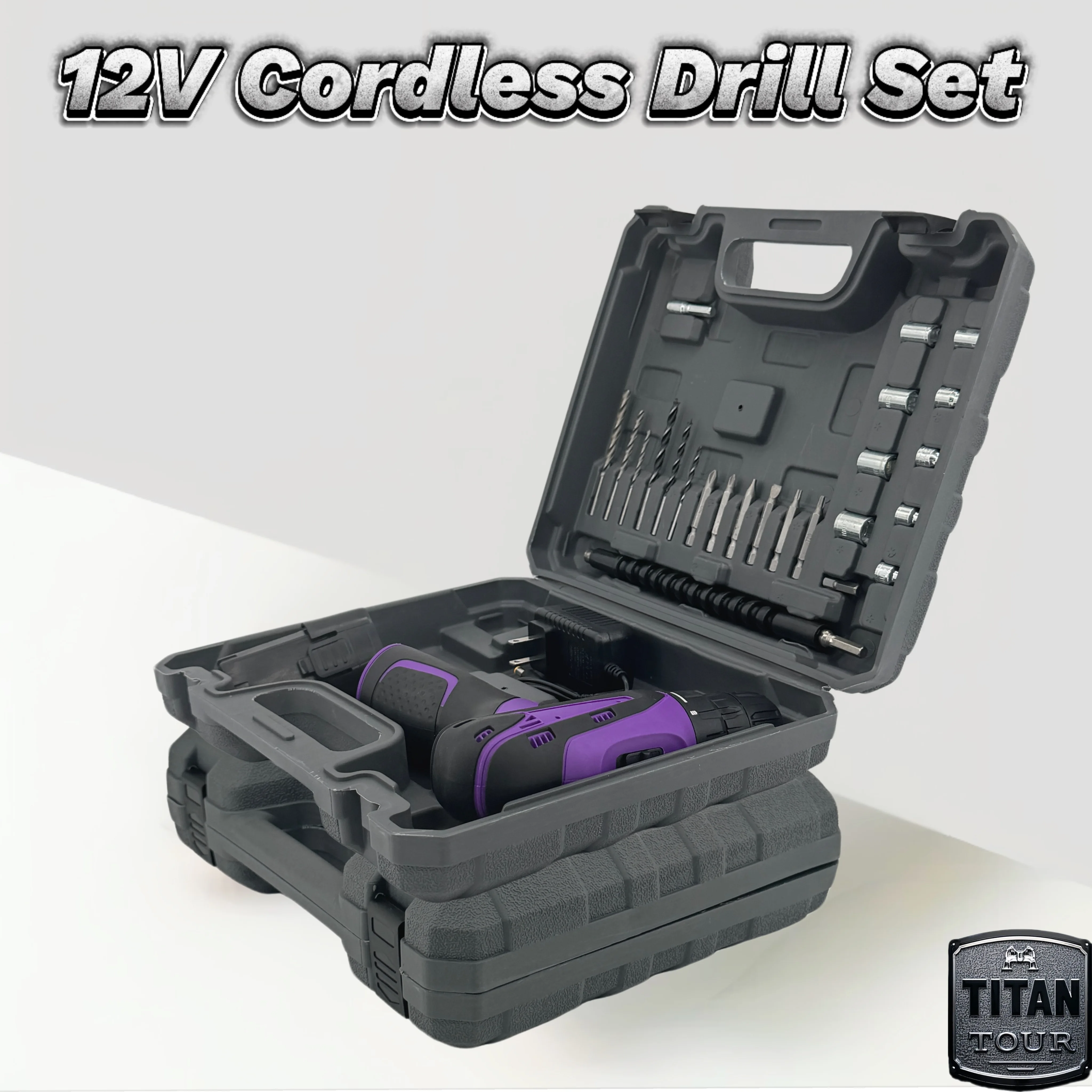 Cordless Drill Set, 12V Power Drill Set with Battery and Charger, 3/8'' Keyless Chuck, 21+1 Torque Setting, 180 Inch-lbs, Pink Electric Drill for Women's Garden DIY Projects（Purple)ect