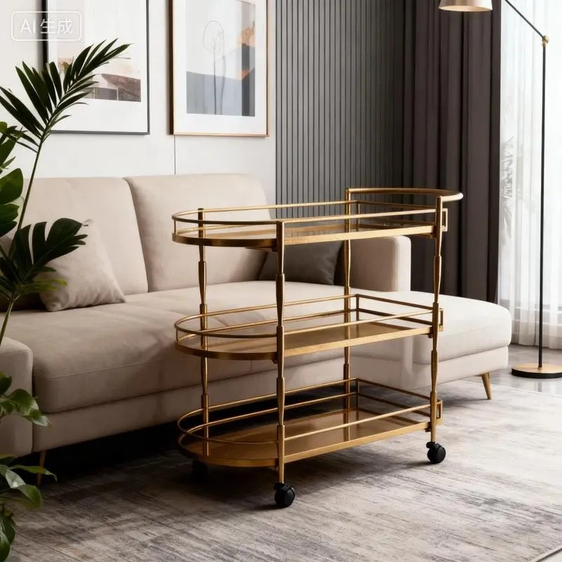 Custom Modern Luxury Gold Metal Hotel Trolley Foldable Commercial Furniture Bar Cart Glass Shelf 4 Wheels 3 Tier Catering