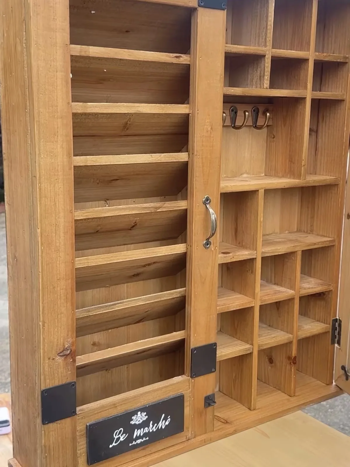 Vintage Solid Wood Wall Cabinet with Glass Door, Multi-Compartment Storage Shelf and Hooks, Rustic Hanging Organizer